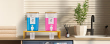 Lataa kuva Galleria-katseluun, Liquid Laundry Detergent Dispenser Set with Shelf and Bamboo Lids for Laundry Room Organization and Storage - 2 Pack 120 oz Laundry Containers for Laundry Soap, Fabric Softener
