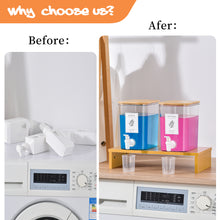 Lataa kuva Galleria-katseluun, Liquid Laundry Detergent Dispenser Set with Shelf and Bamboo Lids for Laundry Room Organization and Storage - 2 Pack 120 oz Laundry Containers for Laundry Soap, Fabric Softener

