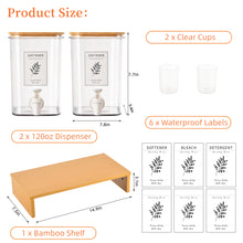 Lataa kuva Galleria-katseluun, Liquid Laundry Detergent Dispenser Set with Shelf and Bamboo Lids for Laundry Room Organization and Storage - 2 Pack 120 oz Laundry Containers for Laundry Soap, Fabric Softener
