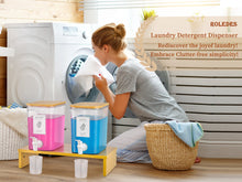 Lataa kuva Galleria-katseluun, Liquid Laundry Detergent Dispenser Set with Shelf and Bamboo Lids for Laundry Room Organization and Storage - 2 Pack 120 oz Laundry Containers for Laundry Soap, Fabric Softener
