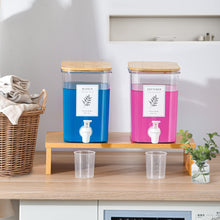Lataa kuva Galleria-katseluun, Liquid Laundry Detergent Dispenser Set with Shelf and Bamboo Lids for Laundry Room Organization and Storage - 2 Pack 120 oz Laundry Containers for Laundry Soap, Fabric Softener
