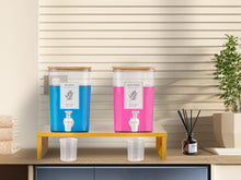 Lataa kuva Galleria-katseluun, Liquid Laundry Detergent Dispenser Set with Shelf and Bamboo Lids for Laundry Room Organization and Storage - 2 Pack 120 oz Laundry Containers for Laundry Soap, Fabric Softener
