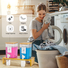Lataa kuva Galleria-katseluun, Liquid Laundry Detergent Dispenser Set with Shelf and Bamboo Lids for Laundry Room Organization and Storage - 2 Pack 120 oz Laundry Containers for Laundry Soap, Fabric Softener
