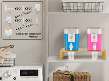 Lataa kuva Galleria-katseluun, Liquid Laundry Detergent Dispenser Set with Shelf and Bamboo Lids for Laundry Room Organization and Storage - 2 Pack 120 oz Laundry Containers for Laundry Soap, Fabric Softener
